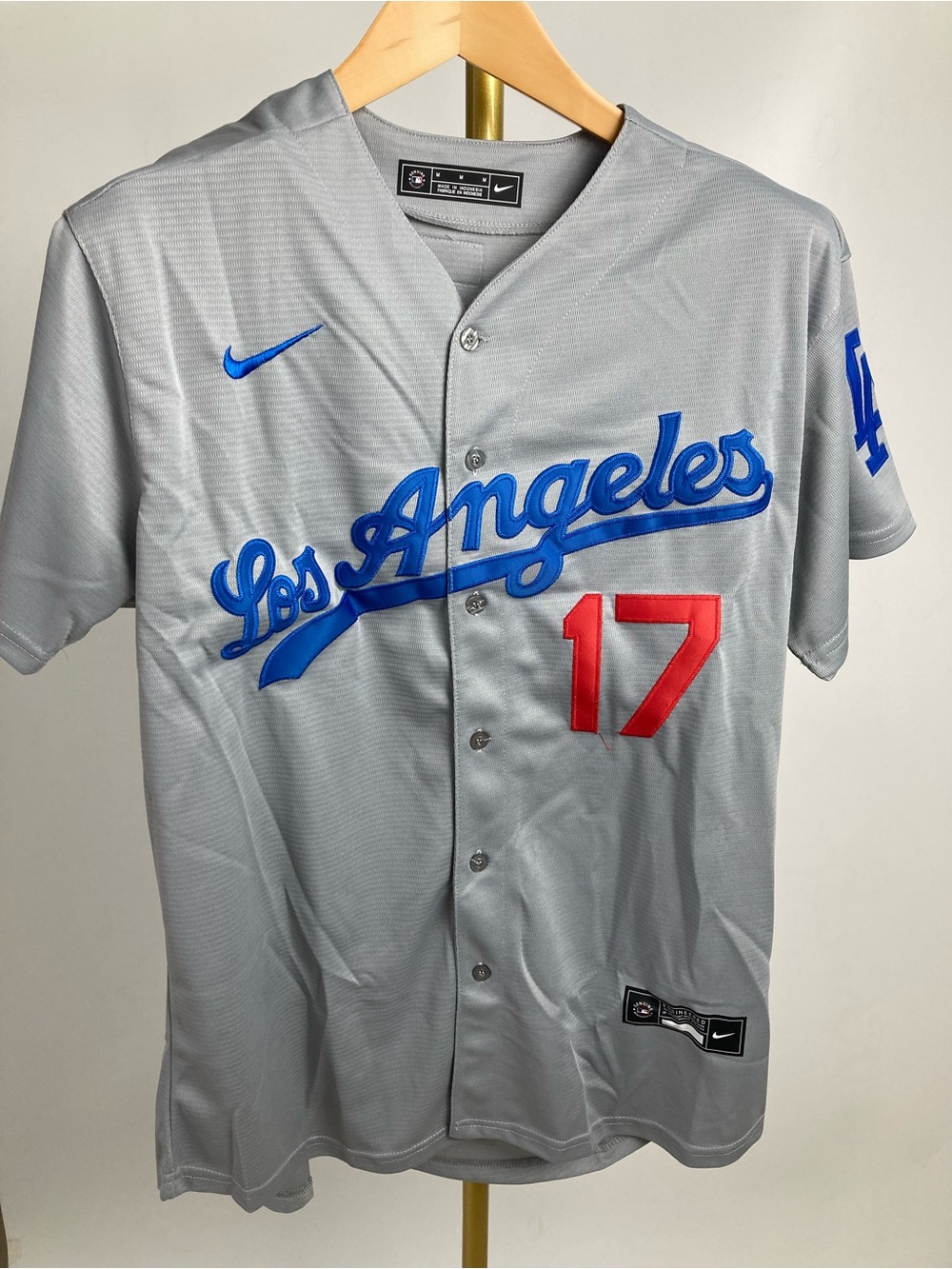 Nike Gray Los Angeles Baseball Jersey with Blue Script & Red 17 OHTANI
